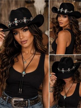NEW Black Western Cowboy Hat with Turquoise-Style Concho Band 🤠🖤